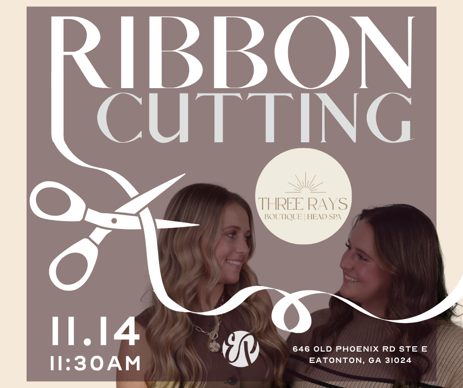 Ribbon cutting announcement for Three Rays Boutique | Head Spa on 11.14 at 11:30 AM, featuring two smiling women.